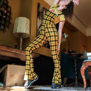 Yellow brick road tartan flare dungarees