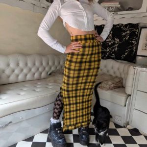 Yellow tartan maxi skirt
